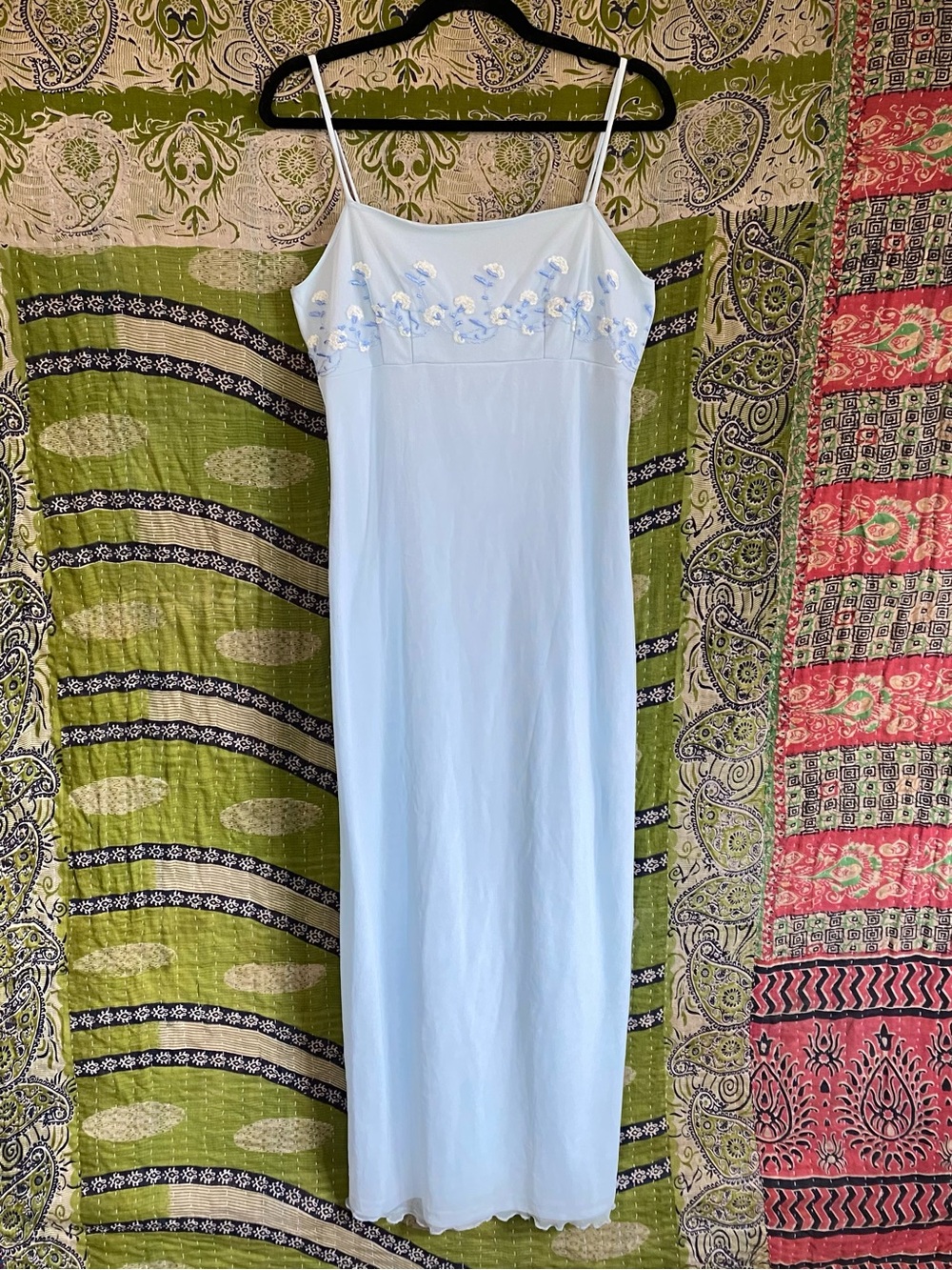 Vintage Y2K Monster Girl Light Baby Blue Embroidered Mesh Midi Dress Large